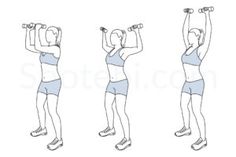 a woman doing exercises with dumbbells in three different positions, from front to back