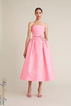 Looking for a unique and stylish dress for your next special event? Check out the Audrey+Brooks 6237 Strapless midi dress! This gorgeous dress features a draped bodice with a bow at the waist, a full midi skirt silhouette with crinoline, and a hidden back zipper. It's also satin lined for an extra touch of luxury. Made from 83% ACRYLIC and 17% POLYMETALLIC, this dress is sure to turn heads wherever you go. Pink Gown With Bow, Corset Dress For Birthday, Cocktail Dress Outfit, Cocktail Party Outfit, Color Outfits, Draped Bodice, Pink Cocktail Dress, Strapless Neckline, Pink Gowns