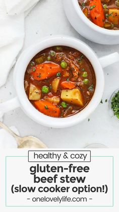 two bowls of healthy and cozy gluten - free beef stew on a white table