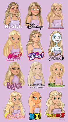 the many types of cartoon characters are shown in this image, with each character's name