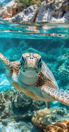 a turtle swimming in the ocean with its head above water's surface and corals surrounding it