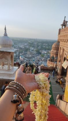 a hand holding flowers in front of a cityscape with other buildings and people