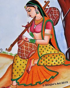 a painting of a woman sitting on the ground with a flute in her hand and wearing an orange sari