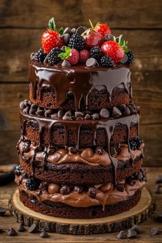 a triple layer cake with chocolate frosting and fresh berries on top, sitting on a wooden table