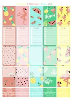 a calendar with flamingos, pineapples and watermelon on the side