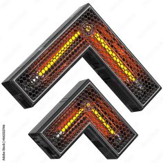 two red and yellow lights on the side of a car, one with an arrow