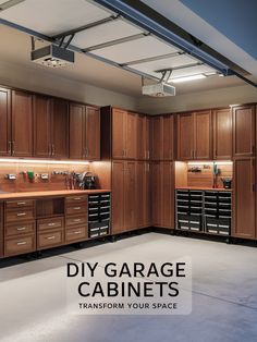 a garage with lots of cabinets in it and the words diy garage cabinets transform your space