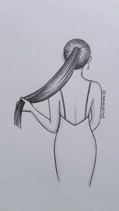 a pencil drawing of a woman with long hair in her back, wearing a white dress