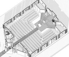 an architectural drawing of the interior of a building with stairs and seating areas on each floor