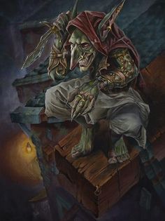 a painting of an evil looking creature sitting on top of a pile of books and holding a knife