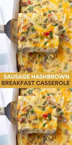 sausage hashbrown breakfast casserole in a baking dish with two servings