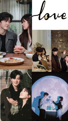 the collage shows two people sitting at a table and one person standing in front of a full moon