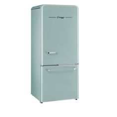 a blue refrigerator freezer sitting on top of a white floor next to a wall