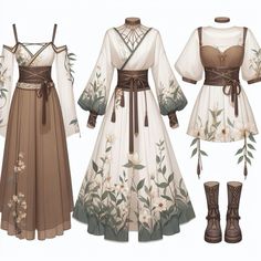 three different dresses and boots are shown in this image, including one with flowers on it