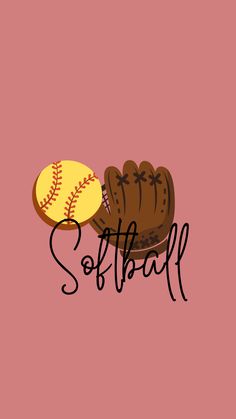 a softball mitt and ball sitting on top of a pink background with the word softball