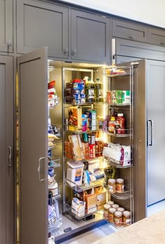 an open refrigerator with food inside of it