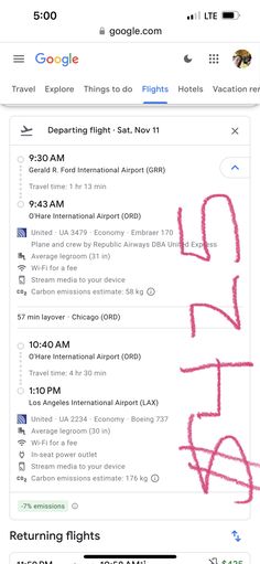 the flight information page on google