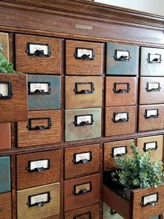 a large wooden cabinet filled with lots of drawers next to a small potted plant