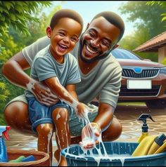 a painting of a father and son washing their hands in a blue bucket with water