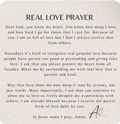 a piece of paper with the words real love prayer written on it