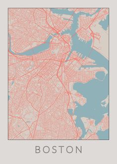 a map of boston, usa with the name and city streets in red on a light blue background