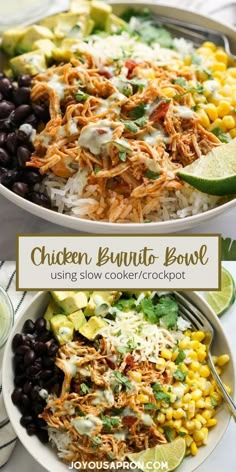 chicken burrito bowl with black beans, corn and avocado