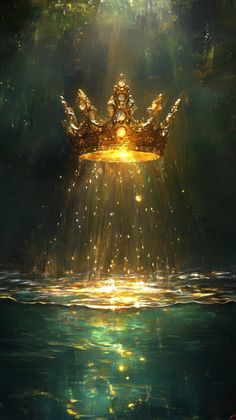 a golden crown floating on top of water with sunlight shining through the clouds above it