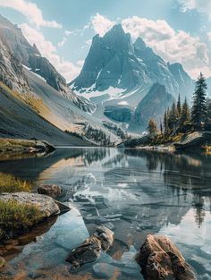 a mountain lake surrounded by trees and rocks