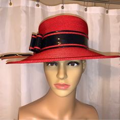 Vintage Circa Late 1970's Early 1980's Pre-Loved Authentic Saint Laurent Paris Red Straw/Silk Blend Delia Hat With Patent Leather And Silk Trim. Excellent Vintage Condition, Hat Shows Light Normal Signs Of Vintage Wear And Tare Including Very Light Fading At Top Center Of Hat, And Light Slouching At Crown From Being Stored Without Blocking At Interior, Some Staining To Interior Band. Handmade In The Usa By Union Labor. Measurements 13.5" Diameter 4" Height Of Crown 21.5" Interior Circumference Made In The Usa Being Sold As Is Red Fitted Hat For Formal Occasions, Formal Fitted Red Hat, Red Brimmed Evening Hat, Red Brimmed Hat For Evening, Red Hats For Races, Classic Red Hats For Party, Classic Red Hat For Party, Red Summer Evening Hat, Red Summer Hats For Formal Occasions