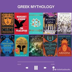 the cover of greek mythology, with an audio player next to it and several different books