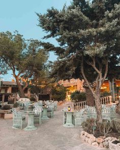 an outdoor dining area with tables and chairs, surrounded by trees in front of a building