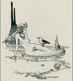 a drawing of a naked woman in the water with a seagull on her back