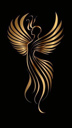 a golden bird with long wings on a black background stock photo - 1227982