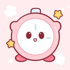 a pink alarm clock with stars on its face and eyes, sitting in front of a pink background