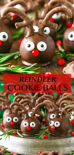 reindeer cookie balls with chocolate eyes and antlers on them are ready to be eaten