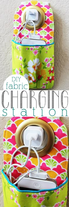 an electronic device holder is shown in two different colors and sizes, with the words diy fabric charging station on it