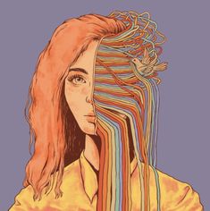 a drawing of a woman with her hair in the shape of a rainbow streamer