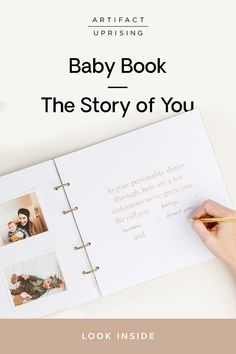 the baby book is open on top of a white table with photos and writing in it