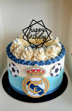 a birthday cake that is decorated with soccer balls