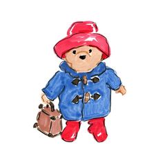 a drawing of a teddy bear wearing a blue coat and red hat holding a brown bag