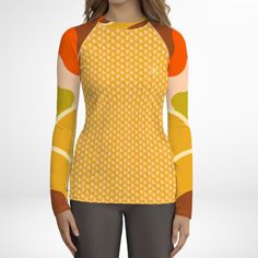 Women's UPF 50+ Rash Guard, Swim Shirt for Sun Protection in a cute 60s Mod Floral print. This swim shirt protects you from the sun, wind, and other elements while doing your favorite water sports. The slim fit, flat ergonomic seams, and longer body give extra comfort. Size tip: Petite and shorter torso lengths should consider sizing down. • 82% polyester, 18% spandex • 6.78 oz • Soft four-way stretch fabric • UPF 50+ • Comfortable longer body and sleeves • Flatseam and coverstitch Made to order Casual Tops With Uv Protection For Poolside, Casual Uv Protection Tops For Poolside, Stretch Tops With Uv Protection For Summer, Casual Poolside Tops With Uv Protection, Spring Surfing Tops With Upf 50+, Casual Surfing Tops With Uv Protection, Casual Tops With Uv Protection For Beach Season, Summer Stretch Tops With Upf 50+, Casual Uv Protection Tops For Beach Season