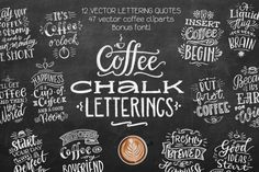 coffee chalk lettering on a blackboard with various types of coffee beans and other items