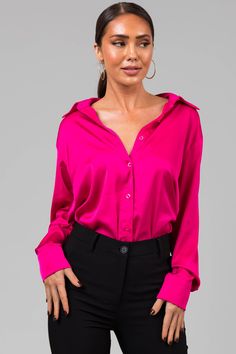 S M L XL Sleeve: 22.5" 22.5" 22.5" 22.5" Bust: 40" 42" 44" 46" Length: 27" 27.5" 28" 28.5" Non-stretchy charmeuse satin Long sleeves Banded button cuffs Curved hemline Imported Self: 96% Polyester, 4% Spandex Note: Hand wash cold, hang dry. Model is wearing a size SmallModel’s Profile: Size 1, Height 5'3", Bust 32", Waist 25" Hot Pink Shirt Outfit, Satin Long Sleeve, Pink Outfits, Collared Shirt, Pink Satin, Office Outfits, Collar Shirts, Shirt Outfit, Hot Pink