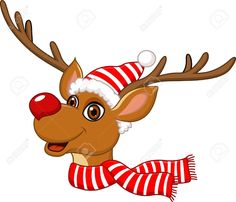 a reindeer wearing a red and white striped scarf with a santa hat on it's head