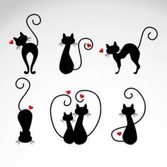 four black cats with hearts on their backs and tails, one is looking at the other