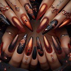 Fall Nails With Orange, Copper And Black Nails, Rhinestone Fall Nails, Scorpio Inspired Nails, Elegant Halloween Nails, Victorian Nails, Sophisticated Nail Designs, Steampunk Nails, Witchy Nails