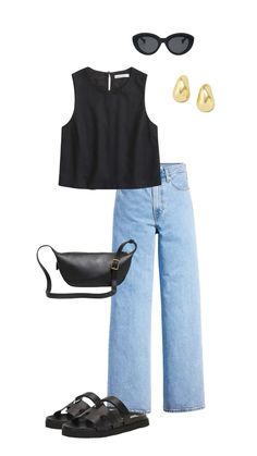 Wide Leg Jeans Outfit Summer Work, Basic Tops Capsule Wardrobe, Jeans With Sandals Outfit, Jean Capsule Wardrobe, Jeans And Sandals Outfit, Top With Wide Leg Jeans, Linen Top Outfit, Wide Leg Jeans Outfit Ideas, Wide Leg Outfits