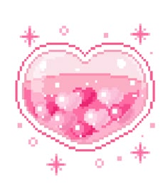 the pixel heart is made up of pink and white squares, with stars around it