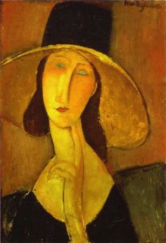 a painting of a woman wearing a hat and holding her hand up to her face