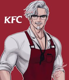 a man with glasses and an apron is standing in front of a kfc logo